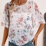 Jersey de mujer de chiffon con estampado romantico de plantas y flores en gris y dobladillo irregular, confeccionada con tela transpirable, comoda y elegante