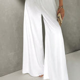 Prive Pantalones blancos casuales, simples y elegantes con piernas extra largas y anchas, de cintura baja para mujer