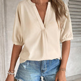 Camisa informal de mujer khaki con cuello en V y mangas murcielago