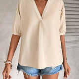 Camisa informal de mujer khaki con cuello en V y mangas murcielago