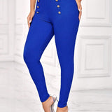 Lady Pantalones delgados azules de verano con hebilla metalica