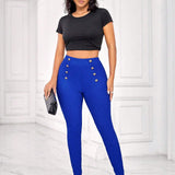 Lady Pantalones delgados azules de verano con hebilla metalica