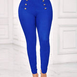 Lady Pantalones delgados azules de verano con hebilla metalica