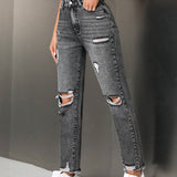 Tall Jeans rectos casuales para mujer con bolsillos rasgados