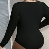 Bodies de manga larga unicolor  Plus Size con elegante cuello, negro, otono/invierno