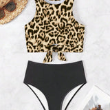 Swim Conjunto de bikini dos piezas estilo tankini con top de estampado de leopardo con cuello alto y Bottom de bikini de unicolor para mujer, ideal para el verano