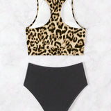 Swim Conjunto de bikini dos piezas estilo tankini con top de estampado de leopardo con cuello alto y Bottom de bikini de unicolor para mujer, ideal para el verano