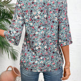 Camisa casual de vacaciones para mujer con estampado floral suelto, cuello en V acanalado y mangas acampanadas