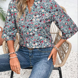 Camisa casual de vacaciones para mujer con estampado floral suelto, cuello en V acanalado y mangas acampanadas