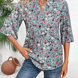 Camisa casual de vacaciones para mujer con estampado floral suelto, cuello en V acanalado y mangas acampanadas