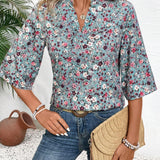 Camisa casual de vacaciones para mujer con estampado floral suelto, cuello en V acanalado y mangas acampanadas