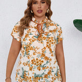 Camisa de a grande color amarillo estampada con cuello, lazo en cuello, elegante estilo campirano para uso diario en verano