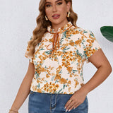 Camisa de a grande color amarillo estampada con cuello, lazo en cuello, elegante estilo campirano para uso diario en verano