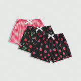 ROMWE Kawaii Conjunto de 3 piezas de pantalones de pijama con estampado de fresas, Conjuntoas, cerezas y tartan