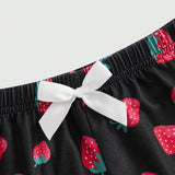 ROMWE Kawaii Conjunto de 3 piezas de pantalones de pijama con estampado de fresas, Conjuntoas, cerezas y tartan