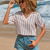 Camisa de verano para mujeres con disenos llamativos de rayas tejidas, con mangas enrollables, corta por delante y larga por detras, holgada y casual para la playa o paseo en barco