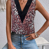 Camisa sin mangas de cuello en V para mujer con bloque de color de estampado de leopardo y flores (estampado aleatorio)