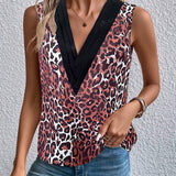 Camisa sin mangas de cuello en V para mujer con bloque de color de estampado de leopardo y flores (estampado aleatorio)