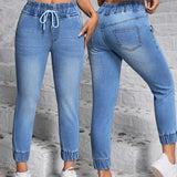 PETITE Jeans casuales de cintura alta para mujeres con cinturon de lazo, ajuste delgado y versatil