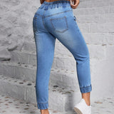 PETITE Jeans casuales de cintura alta para mujeres con cinturon de lazo, ajuste delgado y versatil