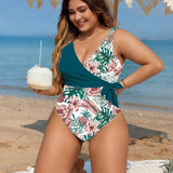 Swim Vcay Traje de bano de una sola pieza con estampado tropical de talla grande para vacaciones en la playa, verano