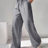 EZwear Pantalones Casuales de Mujer de Cuadros Blancos y Negros Tejidos