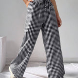 EZwear Pantalones Casuales de Mujer de Cuadros Blancos y Negros Tejidos