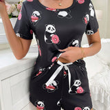 Conjunto de pijama para mujer con cuello redondo y patron de panda y donut (talla estandar)