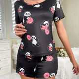 Conjunto de pijama para mujer con cuello redondo y patron de panda y donut (talla estandar)