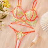 FloralLove Conjunto de Brasier de malla bordado con aros y tanga