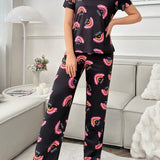 Conjunto de pijama divertido impreso de manga corta y pantalones largos