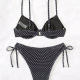 Swim Conjunto de bikini sexy para mujer de verano con estampado de lunares en la playa, borde con ribetes de volantes