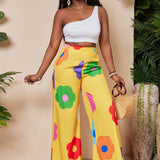 Slayr Pantalones casuales de pierna ancha impresos con flores en todo el conjunto en colores vivos para mujeres en verano