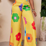 Slayr Pantalones casuales de pierna ancha impresos con flores en todo el conjunto en colores vivos para mujeres en verano