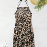 Swim SXY Vestido cubre-banador de cuello halter con estampado de leopardo para mujeres para la playa en verano, estampado aleatorio