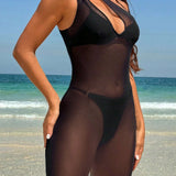 Swim SXY Vestido de mujer sin mangas con cuello asimetrico de unicolor y abertura en malla traslucida y perspectiva hueca