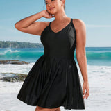 Swim Curve Vestido de traje de bano de tirantes simples unicolor de color liso para mujer de talla grande para uso diario