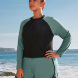 Swim SPRTY Conjunto de traje de bano de verano para dias festivos con rashguard de manga larga y pantalones de bano en combinacion de bloques de color y mangas raglan para tallas grandes
