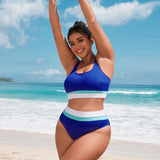 Swim SPRTY Conjunto de bikini de playa de talla grande con bloques de colores de rayas y estampado, trajes de bano de verano para vacaciones