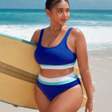 Swim SPRTY Conjunto de bikini de playa de talla grande con bloques de colores de rayas y estampado, trajes de bano de verano para vacaciones