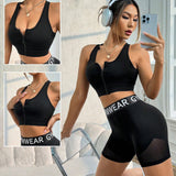 Conjunto deportivo de dos piezas de moda - top corto y pantalones de yoga con impresion de letras, empalme sexy y cremallera de alta intensidad para fitness