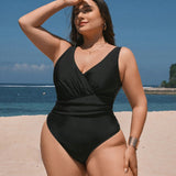 Swim Lushore Traje de bano de una pieza plisado de unicolor en talla grande, estilo simple