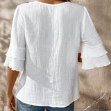 Blusa casual de algodon y lino de manga corta con cuello en V y dobladillo con volantes para mujeres