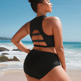 Swim Curve Conjunto de bikini halterneck con cremallera de unicolor para mujer de talla grande, ropa de playa de verano