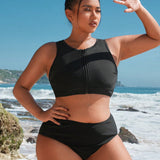 Swim Curve Conjunto de bikini halterneck con cremallera de unicolor para mujer de talla grande, ropa de playa de verano