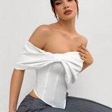 Aloruh Top blanco asimetrico elegante para fiesta de vacaciones de verano para mujeres con Enterizo sin tirantes y dobladillo puntiagudo de espina de pescado