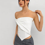 Aloruh Top blanco asimetrico elegante para fiesta de vacaciones de verano para mujeres con Enterizo sin tirantes y dobladillo puntiagudo de espina de pescado