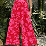 VCAY Pantalones anchos floreados con pliegues para mujer de estilo vacacional y corte holgado