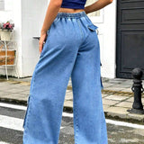 EZwear Pantalones Jeans informales de corte amplio y cintura anudada para mujer con multiples bolsillos utilitarios