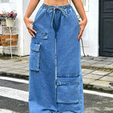 EZwear Pantalones Jeans informales de corte amplio y cintura anudada para mujer con multiples bolsillos utilitarios